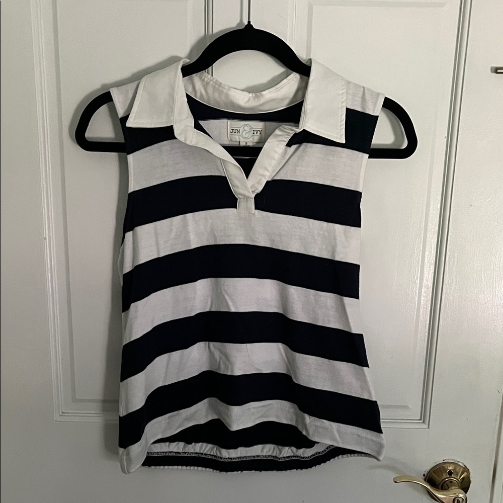 Stylish Navy and White Striped Collared Tank Top
